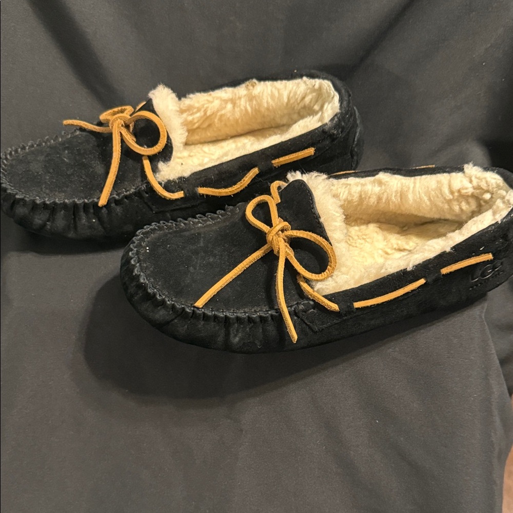 UGG Black Suede Moccasins with Gold Laces